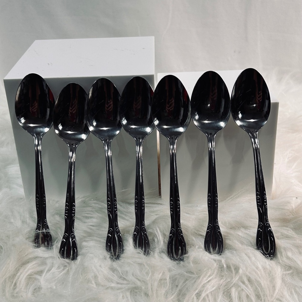 Vintage National Stainless Japan Soup‎ Spoons Floral Scroll Silverware Set of 7